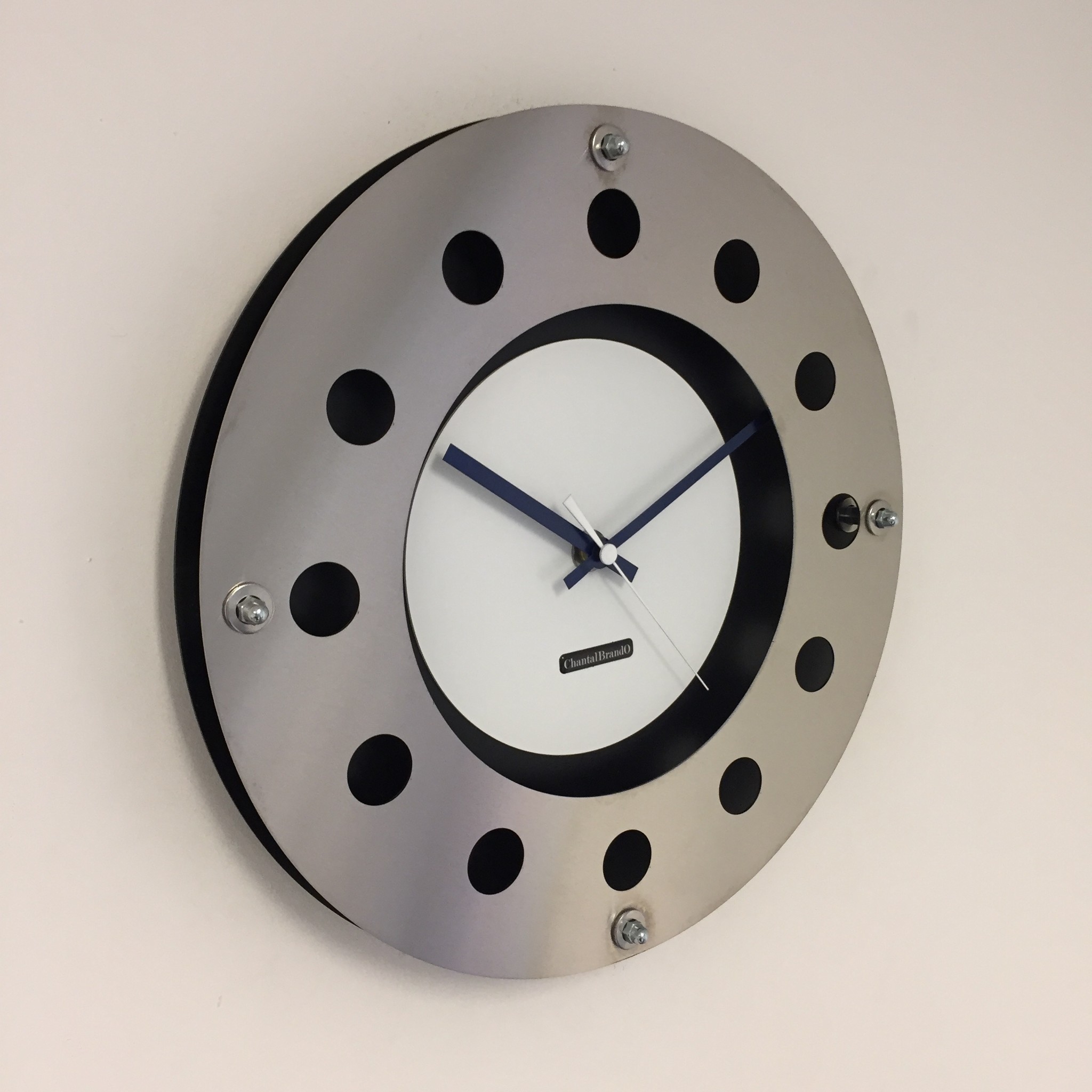 ChantalBrandO Design - Wall clock Mecanica Fully Black With White Color Small Inside Circle Darkblue White Pointer Modern Dutch Design Handmade 40 cm