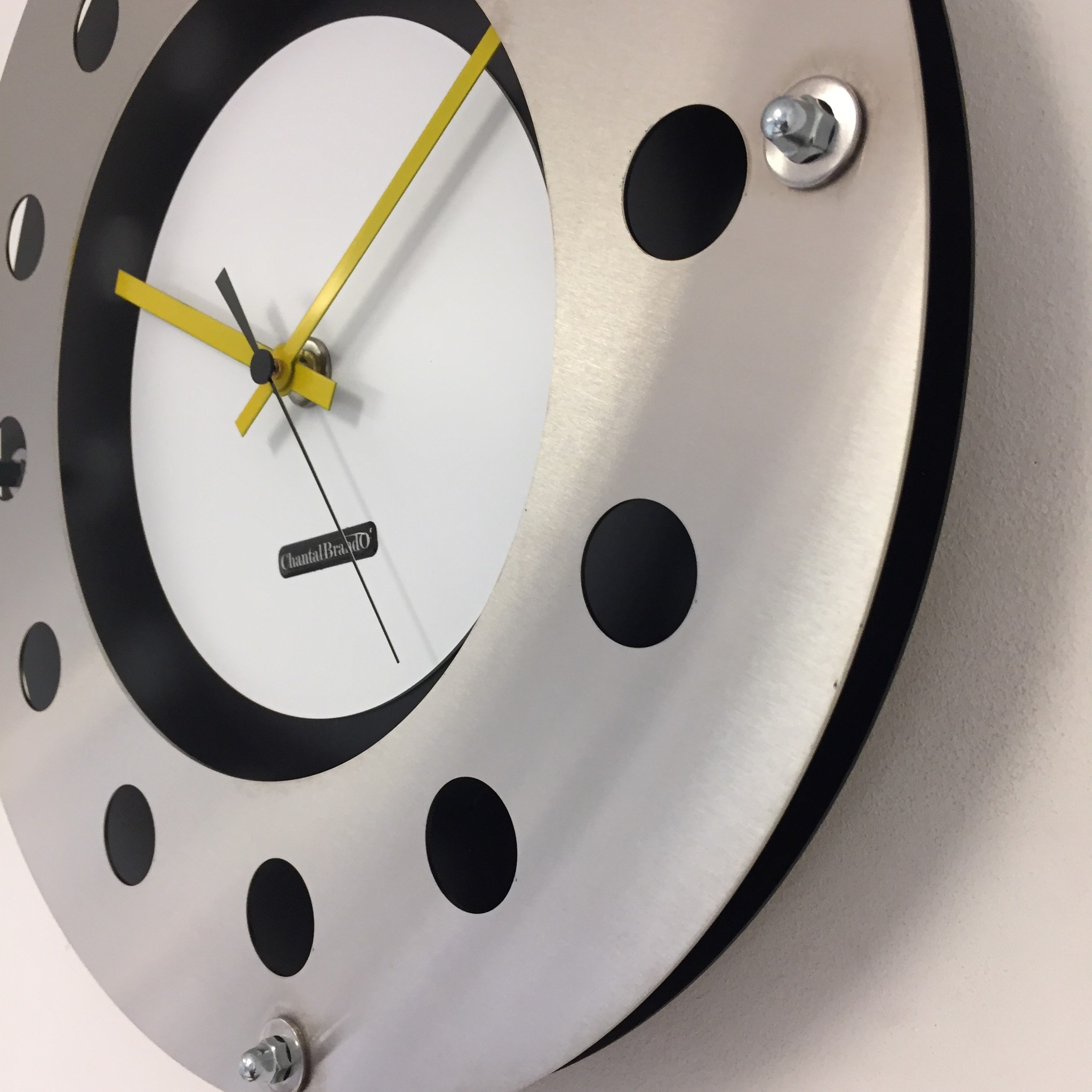 ChantalBrandO Design - Wall clock Mecanica Fully Black With White Color Small Inside Circle Yellow Black Pointer Modern Dutch Design Handmade 40 cm