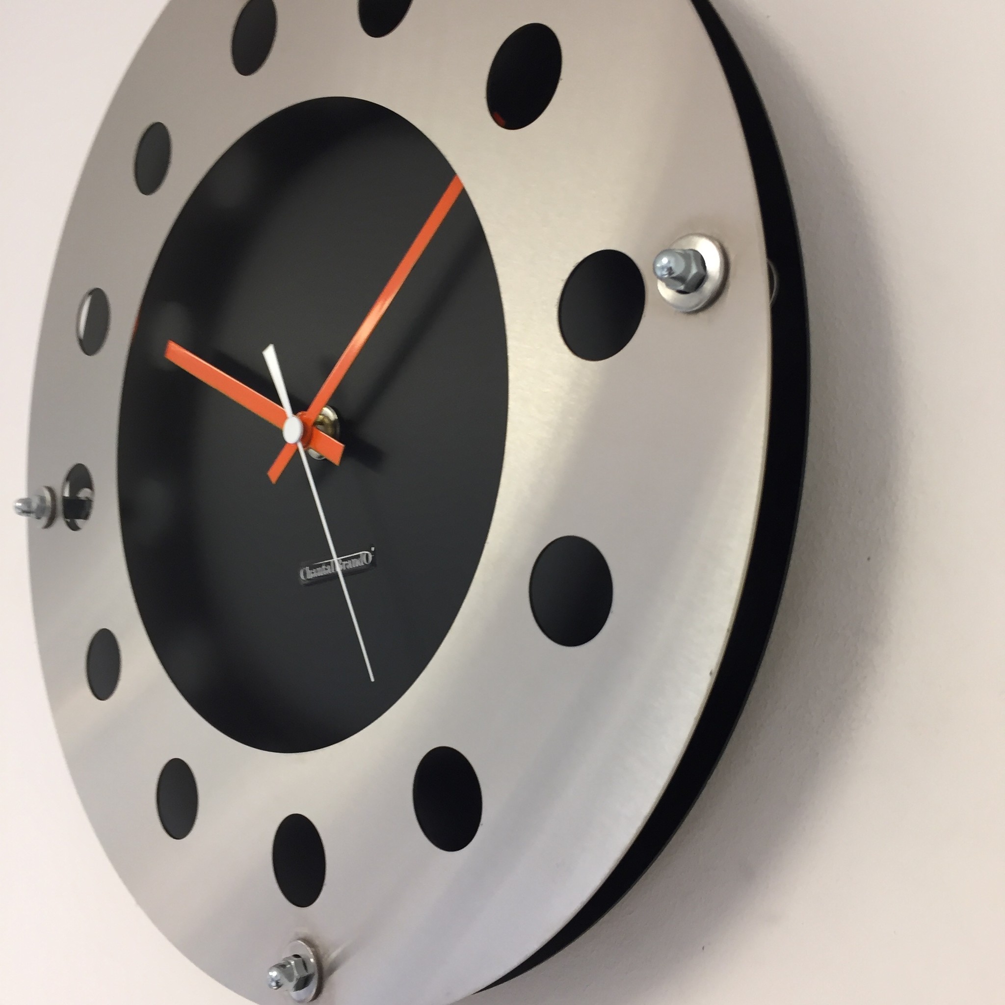 ChantalBrandO Design - Wall clock Mecanica Black & Silver Orange White Pointer Modern Dutch Design Handmade 40 cm