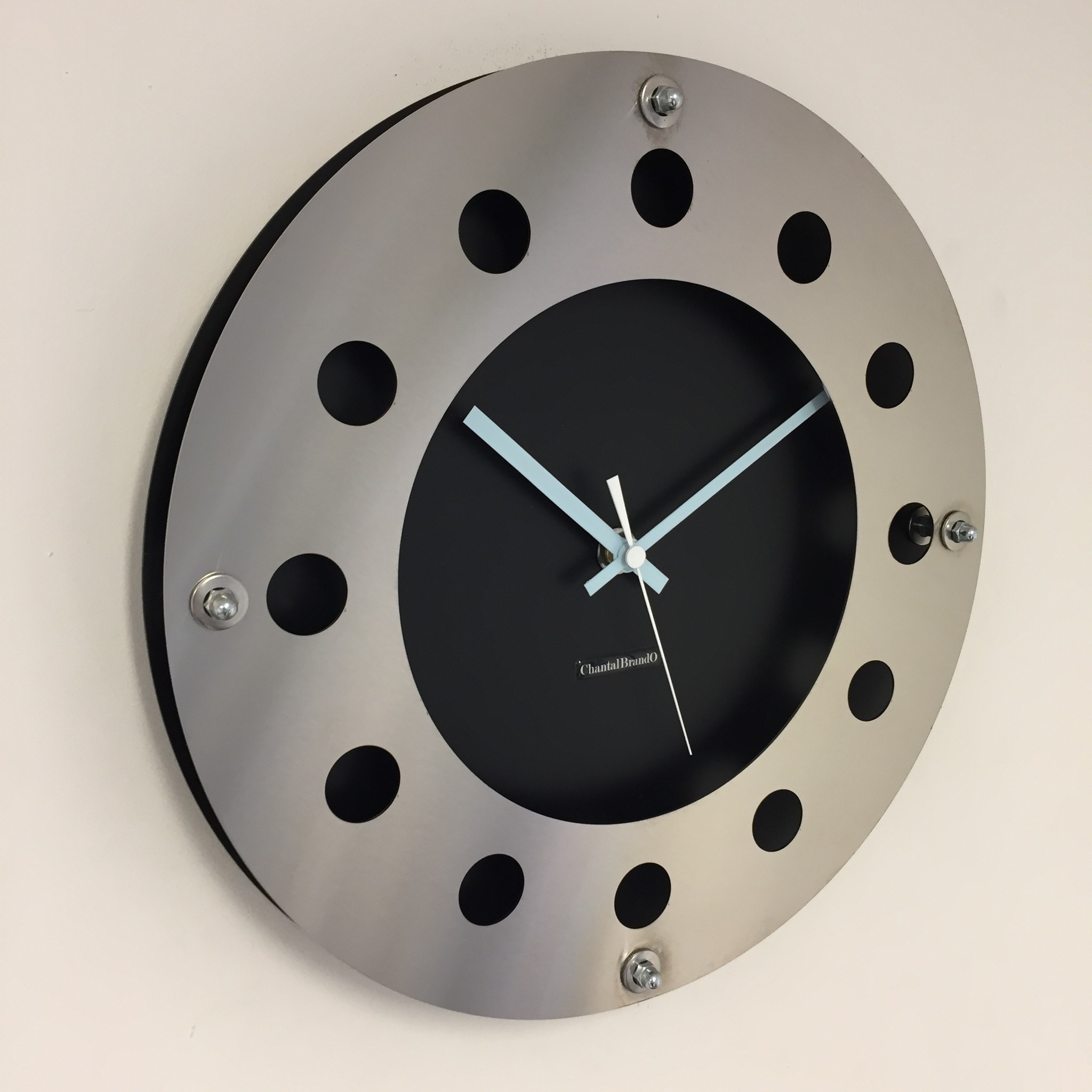 ChantalBrandO Design - Wall clock Mecanica Black & Silver Blue White Pointer Modern Dutch Design Handmade 40 cm