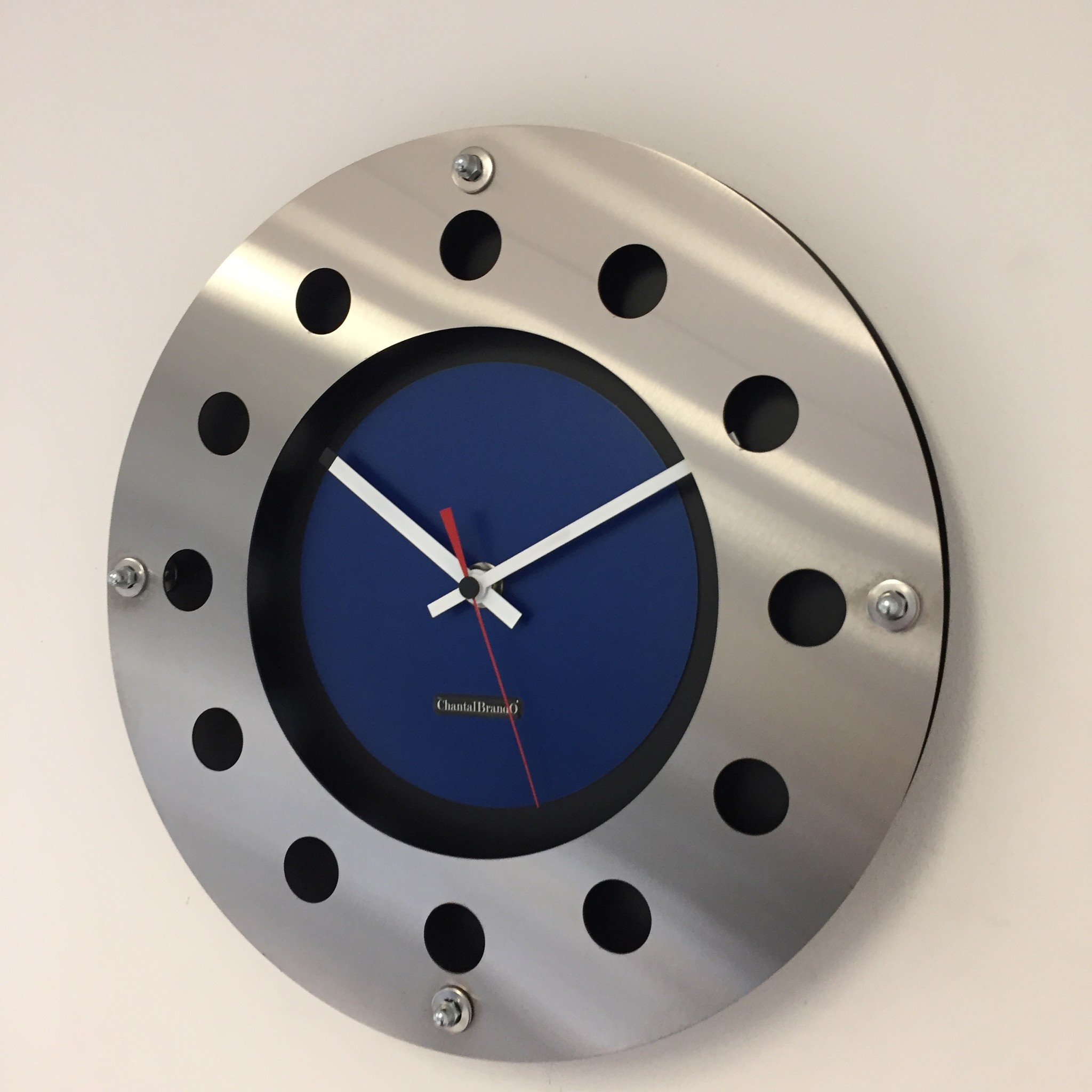 ChantalBrandO Design - Wall clock Mecanica Fully Black with Blue Color Small Inside Circle Red Pointer Modern Dutch Design Handmade 40 cm