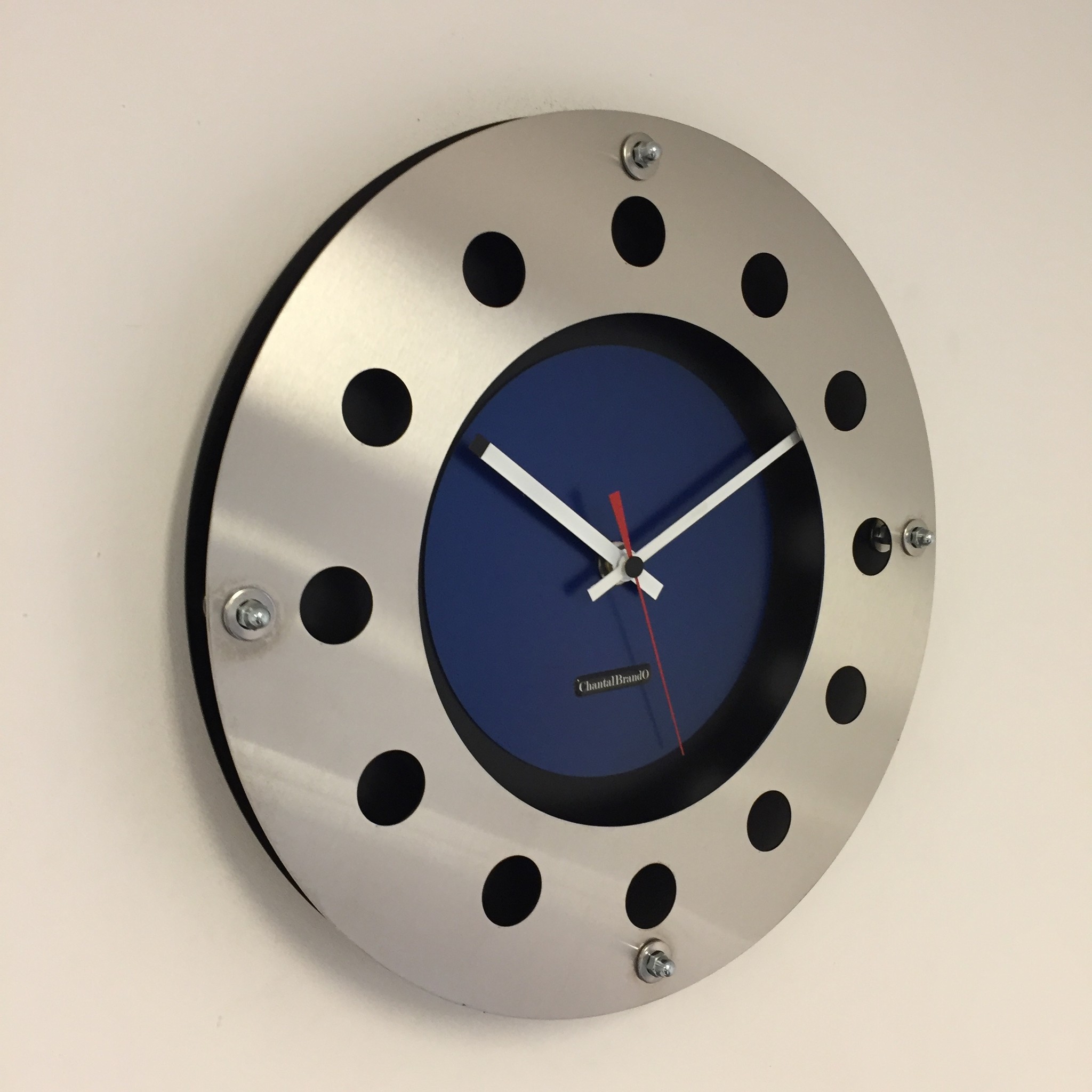 ChantalBrandO Design - Wall clock Mecanica Fully Black with Blue Color Small Inside Circle Red Pointer Modern Dutch Design Handmade 40 cm