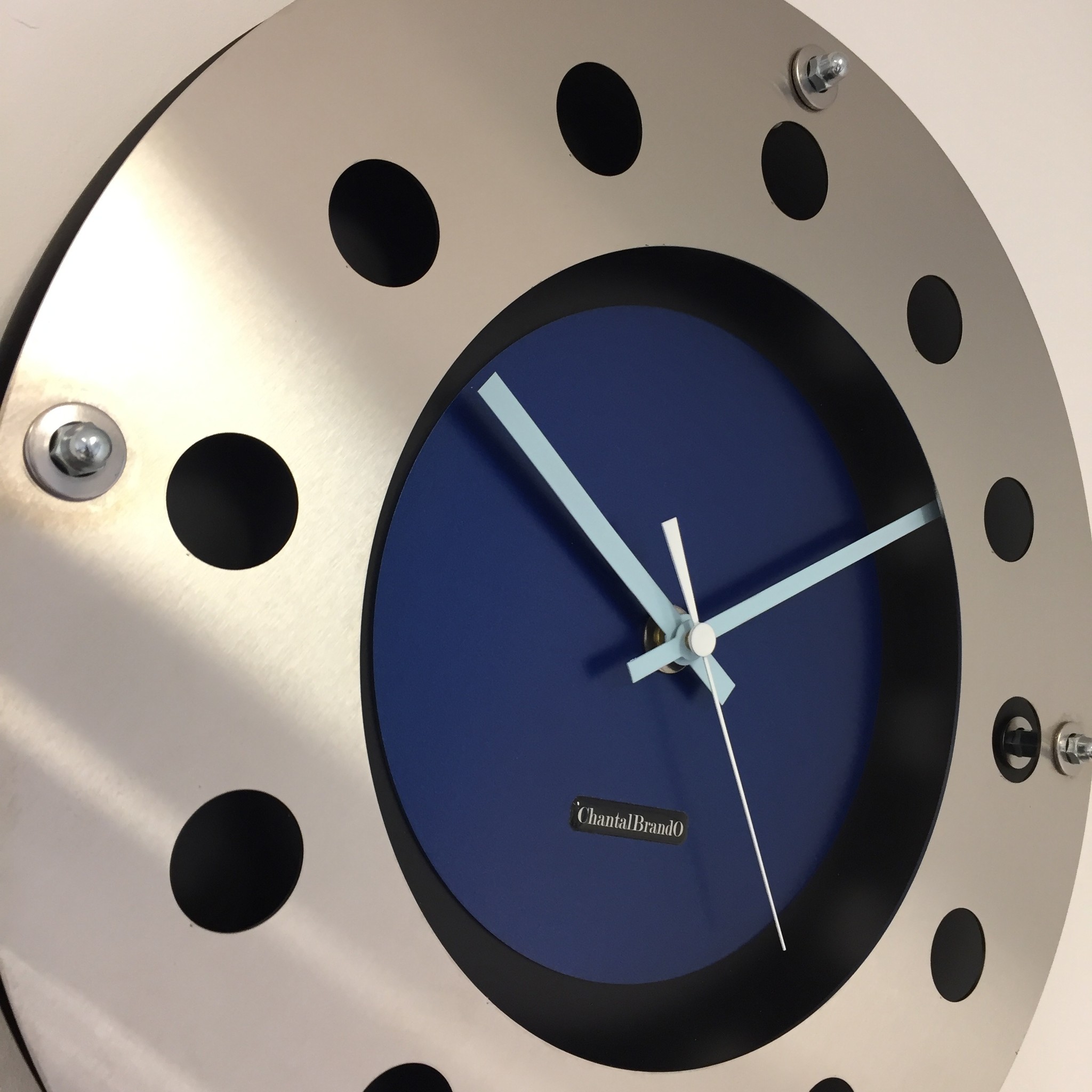 ChantalBrandO Design - Wall clock Mecanica Fully Black With Blue Color Small Inside Cirkel Blue White Pointer Modern Dutch Design Handmade 40 cm