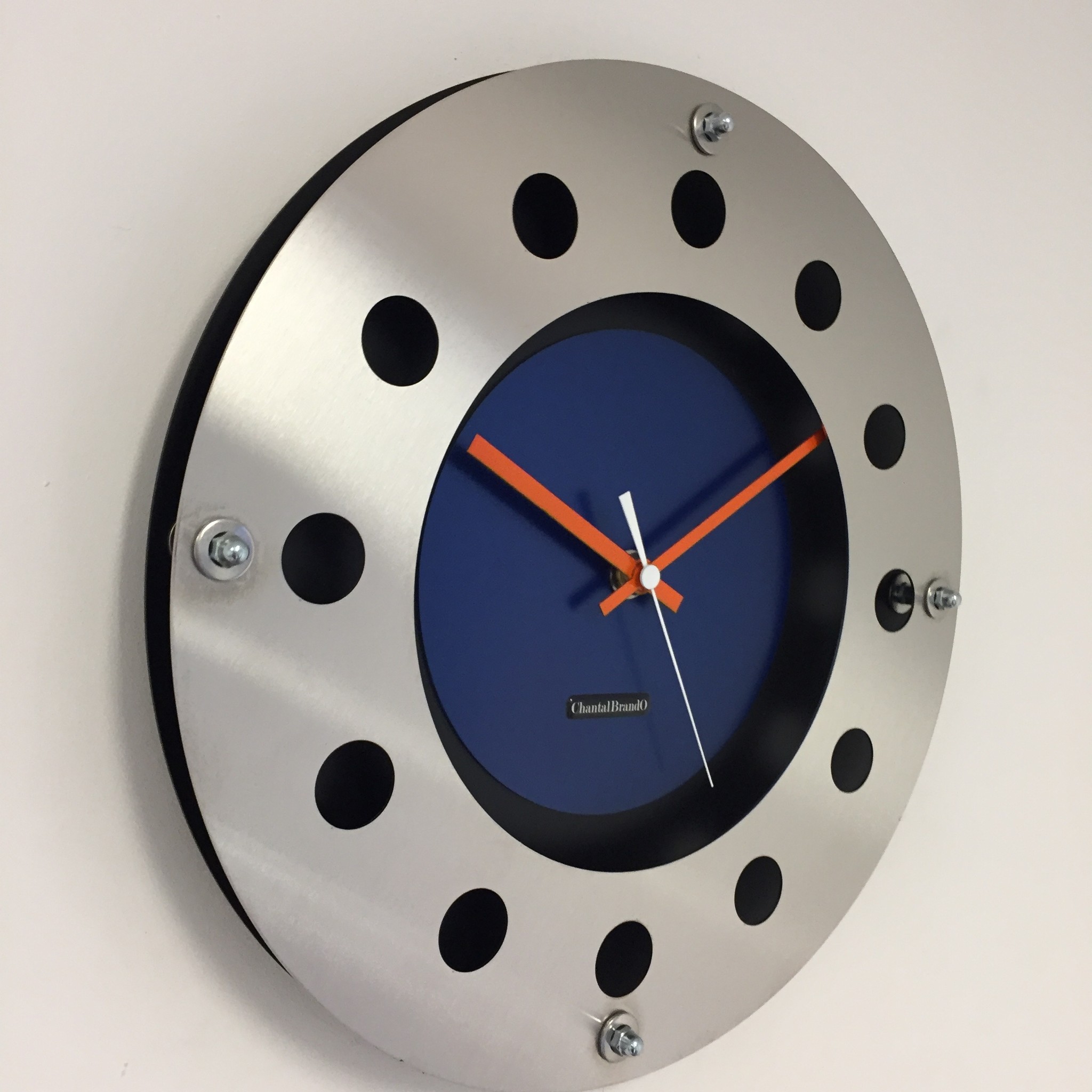 ChantalBrandO Design - Wall clock Mecanica Fully Black with Blue Color Small Inside Circle Orange White Pointer Modern Dutch Design Handmade 40 cm