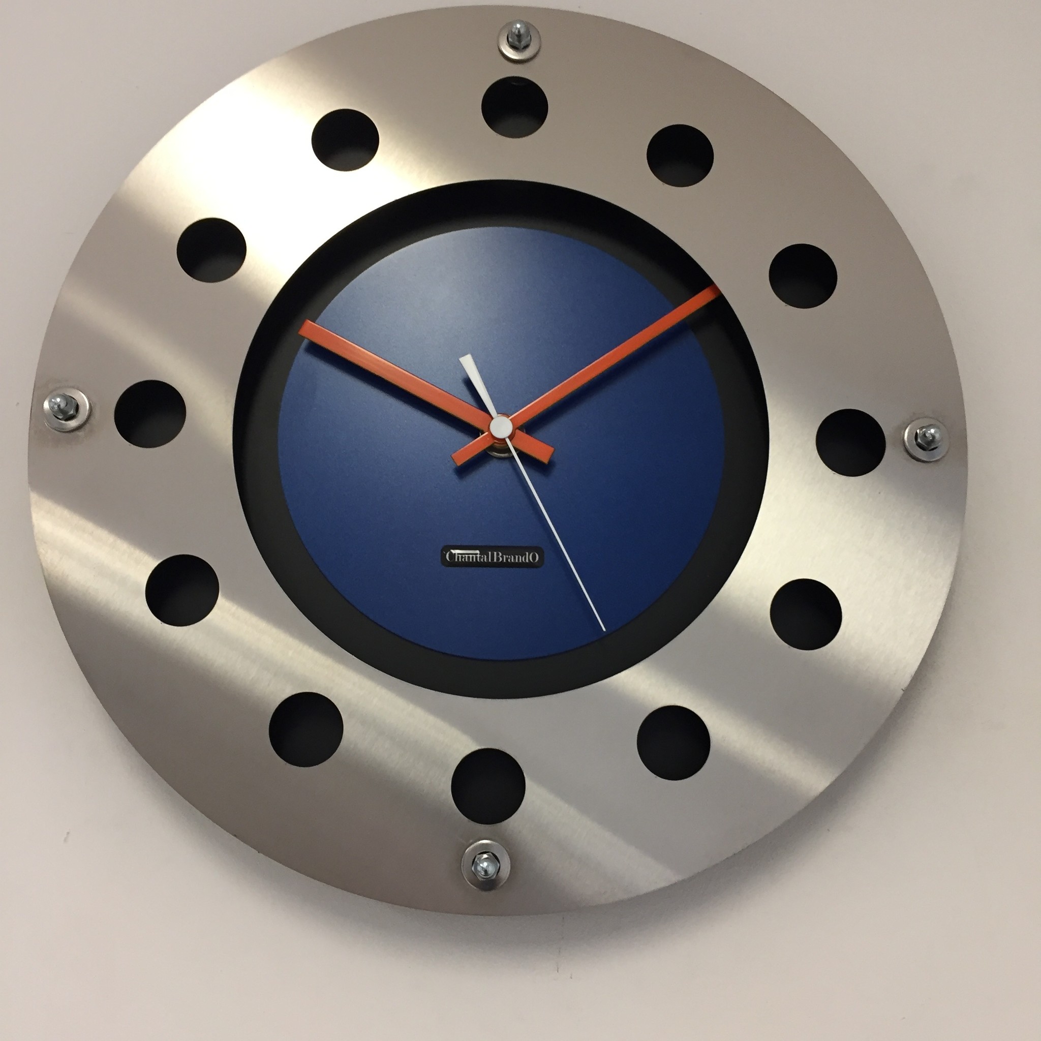 ChantalBrandO Design - Wall clock Mecanica Fully Black with Blue Color Small Inside Circle Orange White Pointer Modern Dutch Design Handmade 40 cm