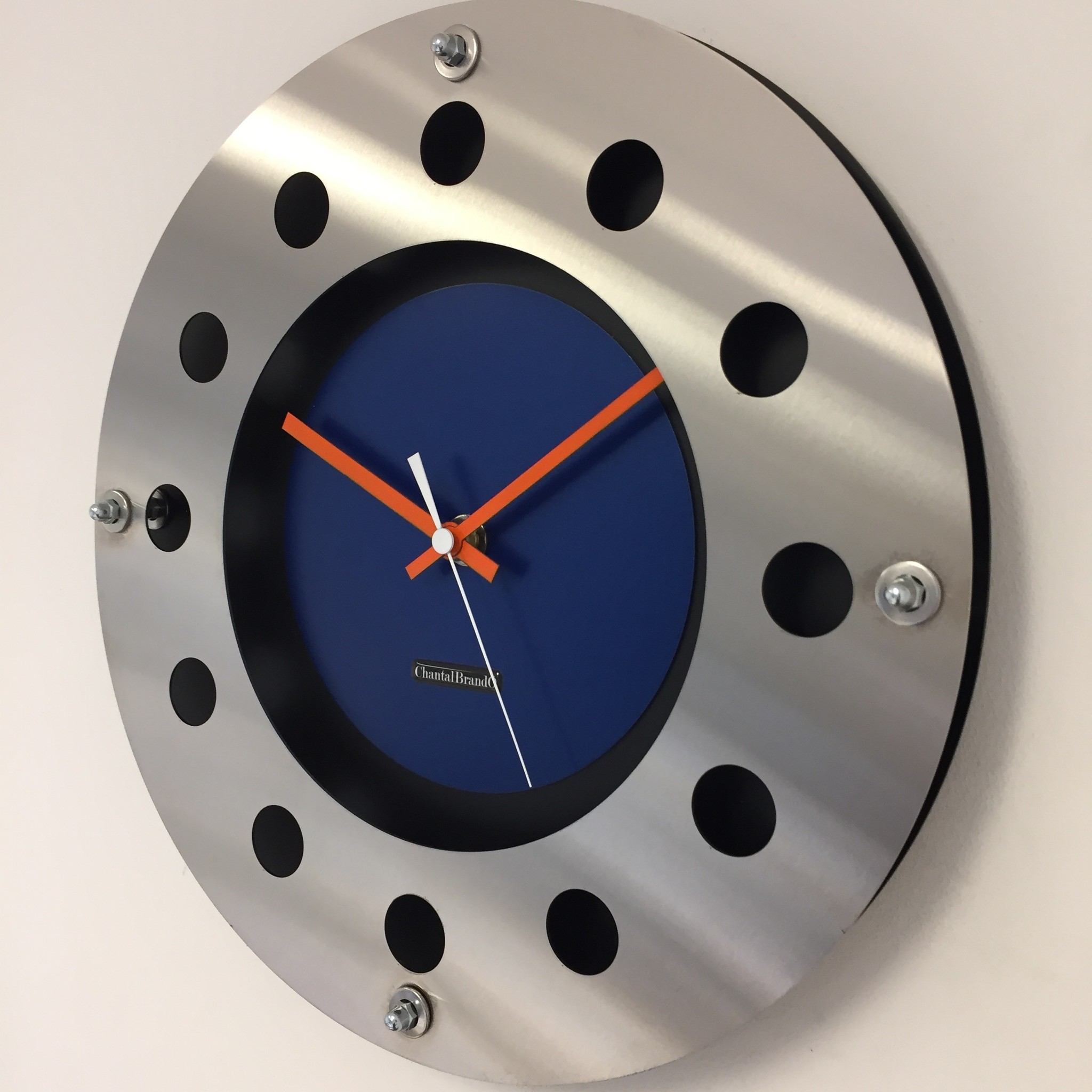 ChantalBrandO Design - Wall clock Mecanica Fully Black with Blue Color Small Inside Circle Orange White Pointer Modern Dutch Design Handmade 40 cm