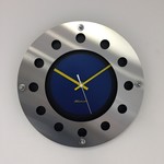 ChantalBrandO Design - wall clock mecanica full black with blue color small indoor circle yellow white pointer modern Dutch design handmade 40 cm