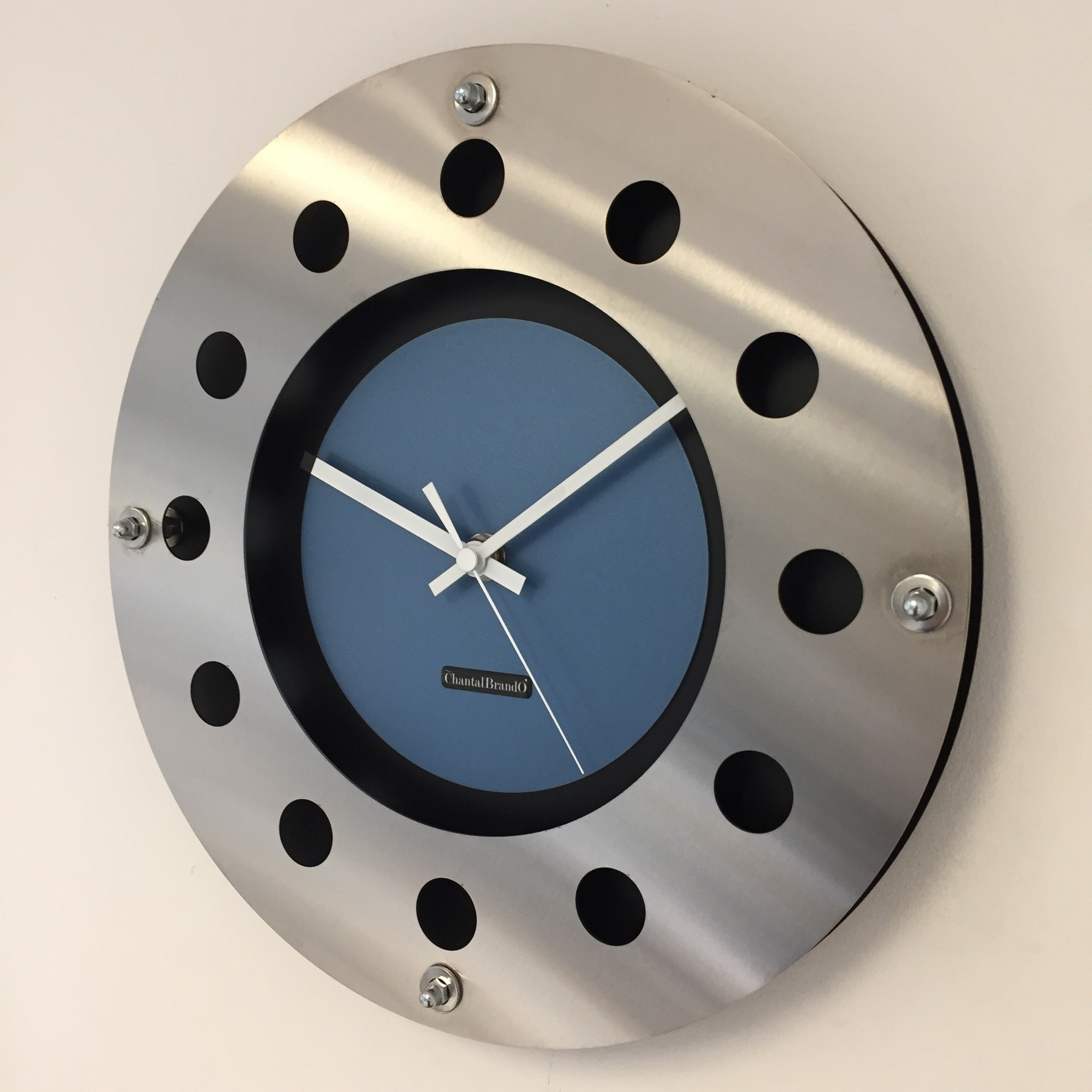 ChantalBrandO Design - Wall clock Mecanica Fully Black with Light Blue Color Small Inside Circle White Pointer Modern Dutch Design Handmade 40 cm