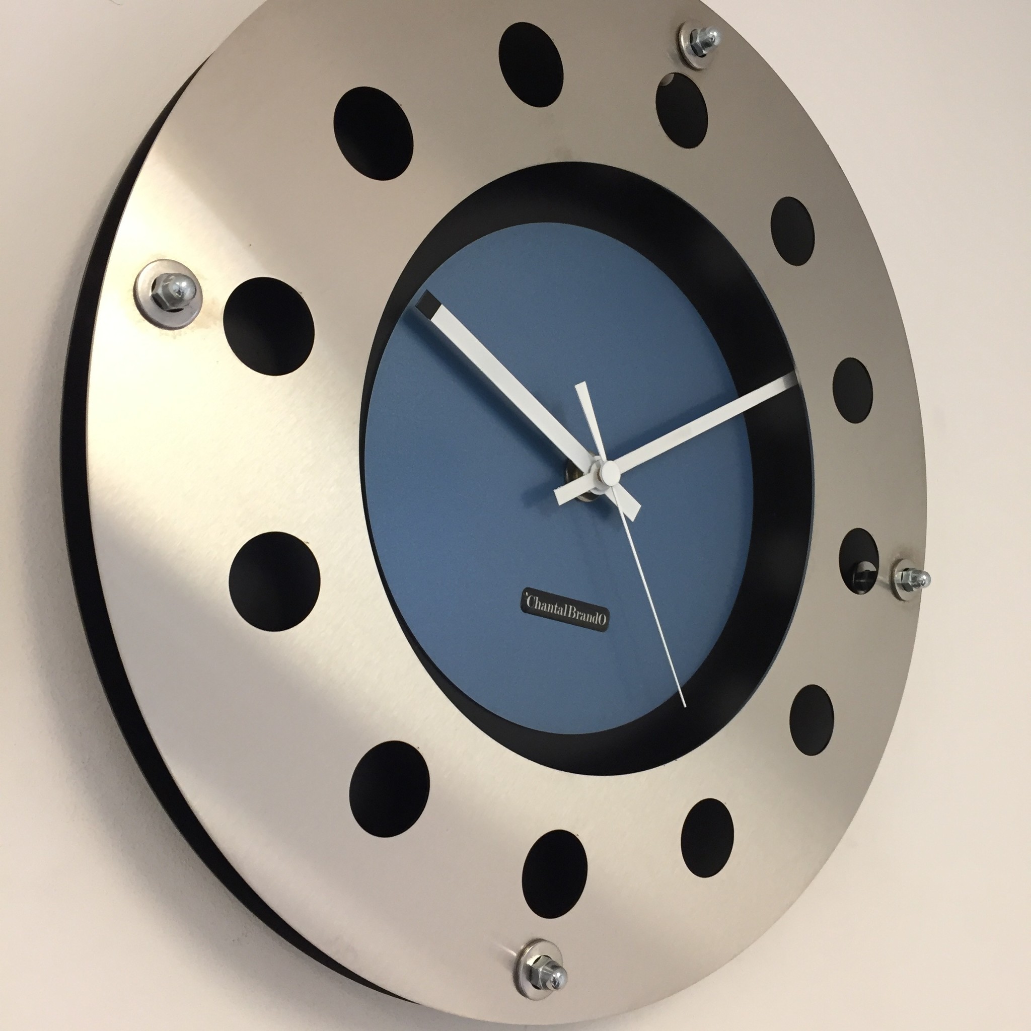 ChantalBrandO Design - Wall clock Mecanica Fully Black with Light Blue Color Small Inside Circle White Pointer Modern Dutch Design Handmade 40 cm