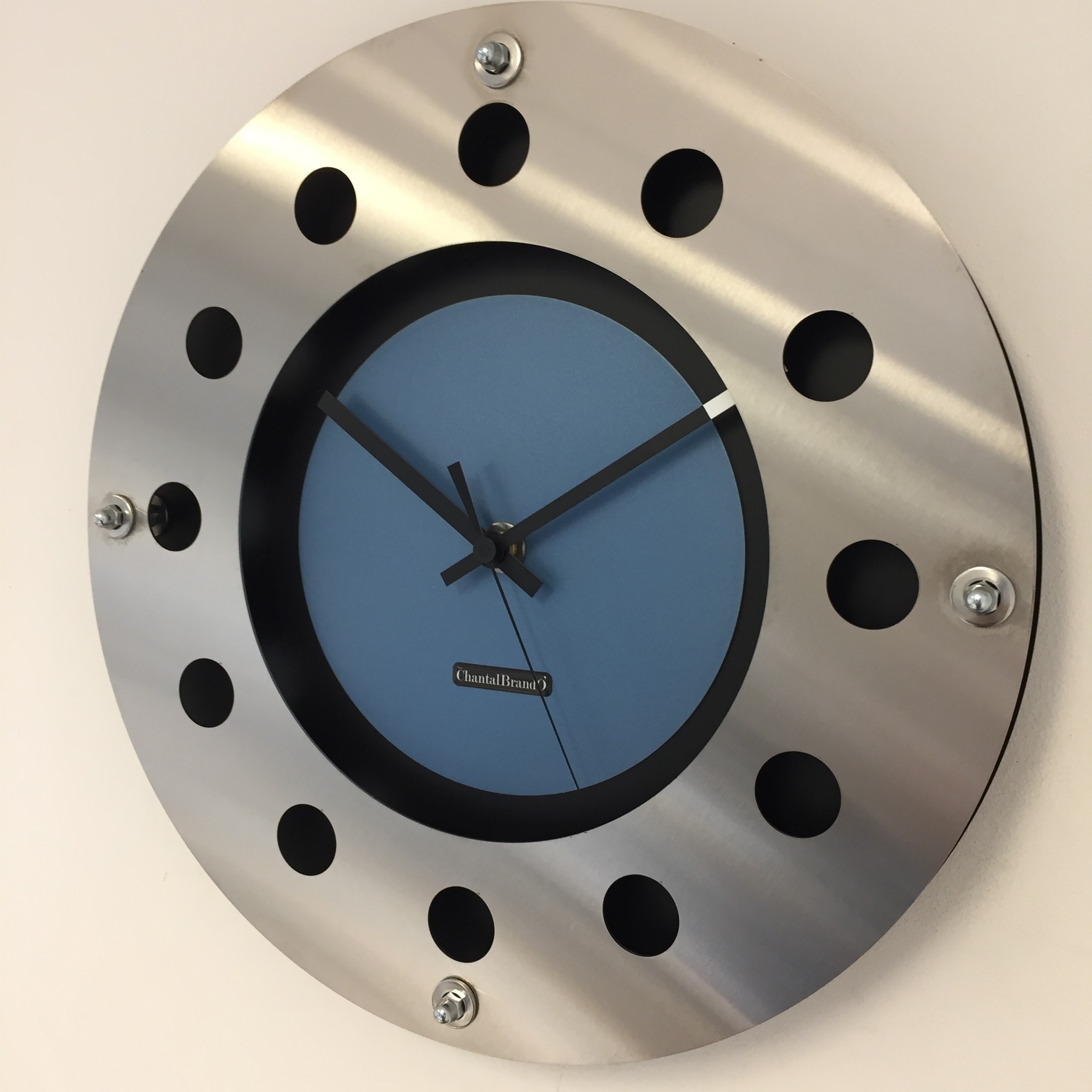 ChantalBrandO Design - Wall clock Mecanica Entire Black with Light Blue Color Small Inside Circle Black Pointer Modern Dutch Design Handmade 40 cm