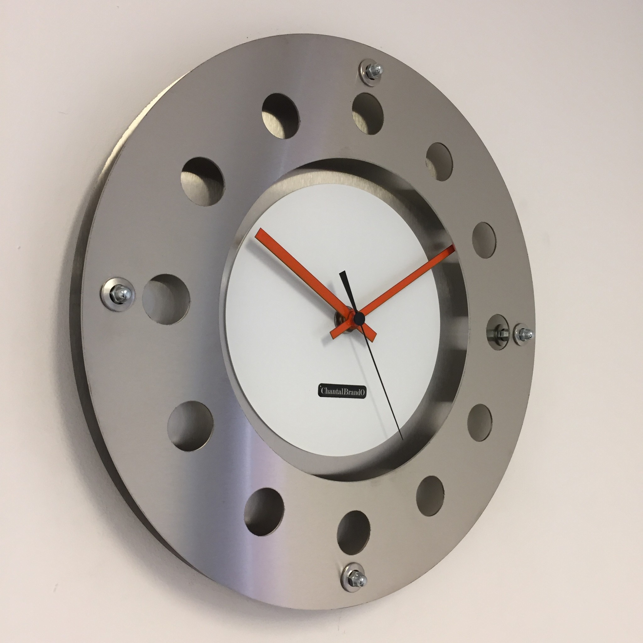 ChantalBrandO Design - wall clock mecanica small inner circle white orange black modern Dutch design handmade 40 cm