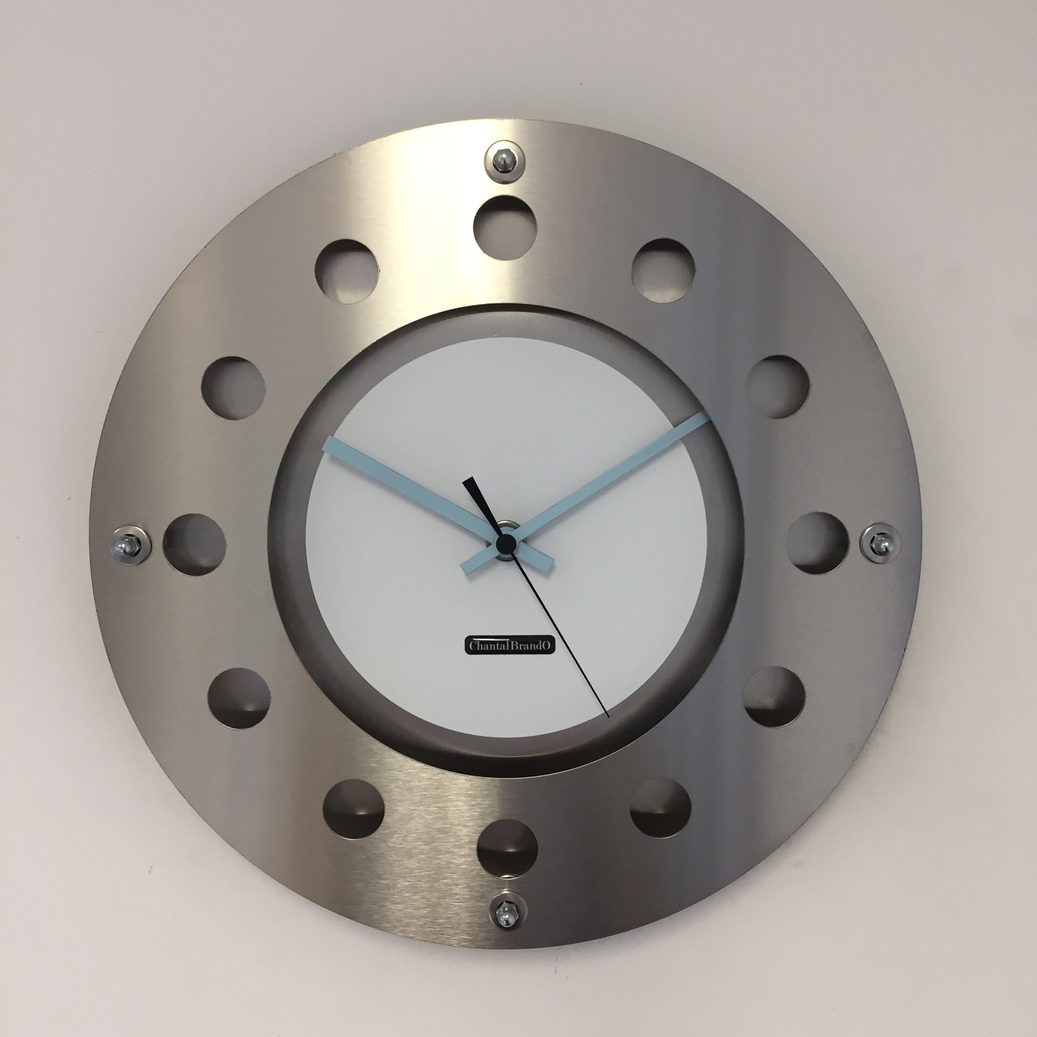 ChantalBrandO Design - wall clock mecanica small indoor circle white blue black modern Dutch design handmade 40 cm