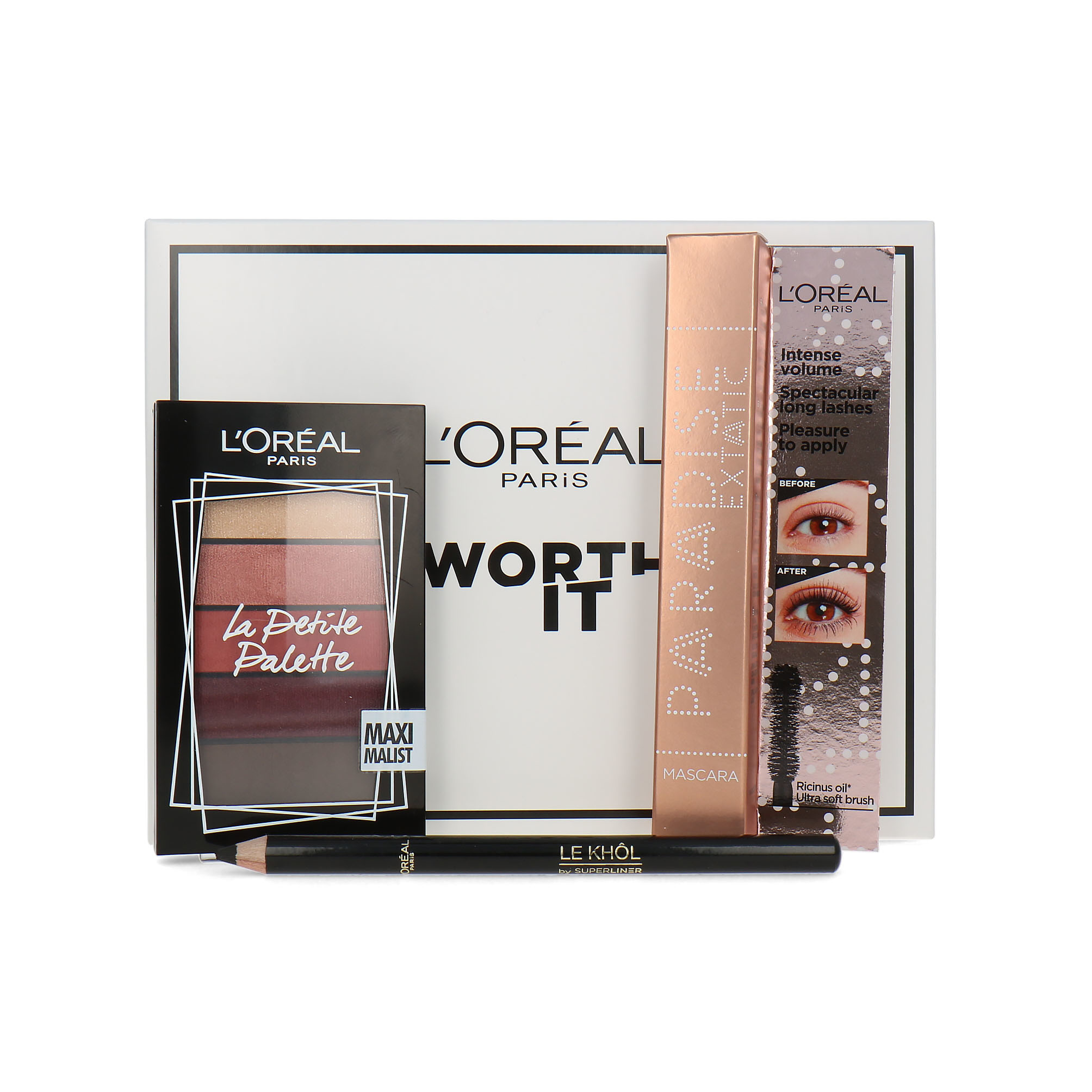 L'Oréal Worth It Mascara + Eyepencil + Eyeshadow Ensemble-Cadeau - Paradise Extatic Mascara Black + 