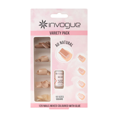 Invogue 120 Mixed Square Coloured Nails With Glue - Au Natural Invogue 120 Mixed Square Coloured Nails With Glue - Au Natural