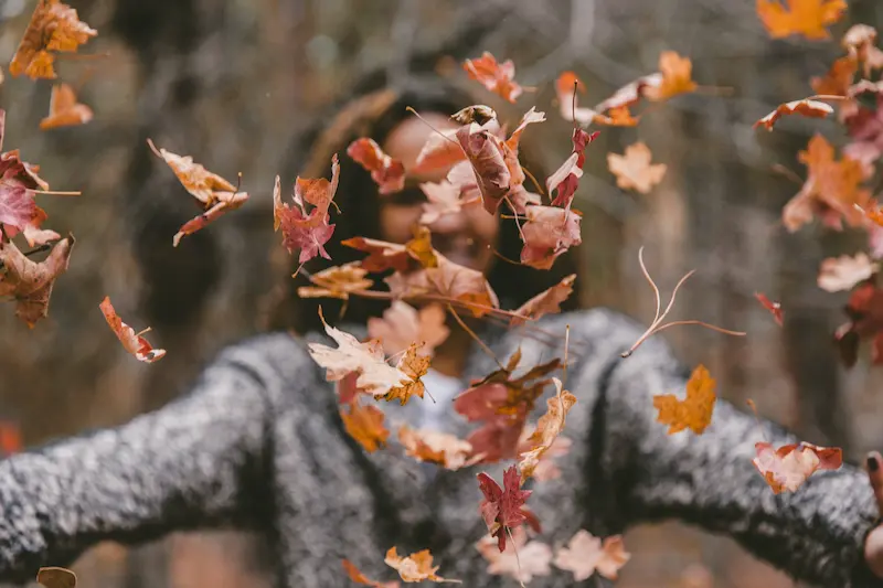 A person wearing a knitted sweater tosses a handful of colorful autumn leaves into the air, with leaves captured in mid-fall against a blurred forest background, highlighting the seasonal skin changes.