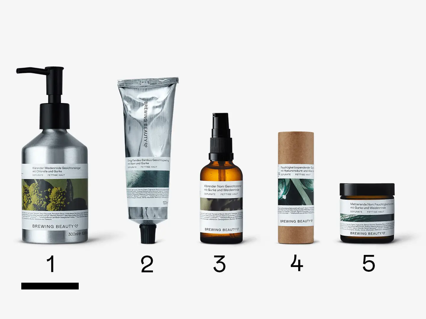 A lineup of Brewing Beauty products representing Routine No.21 