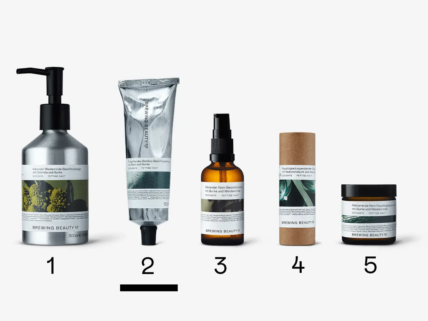 A lineup of Brewing Beauty products representing Routine No.21 