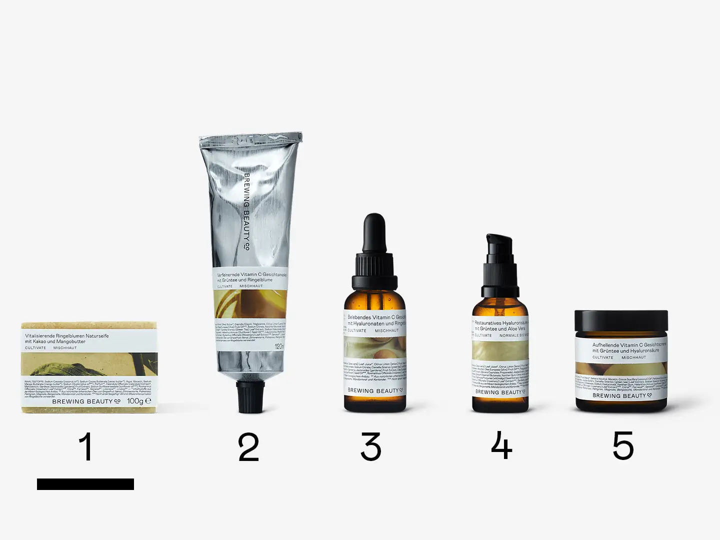 A lineup of Brewing Beauty products representing Routine No.52 