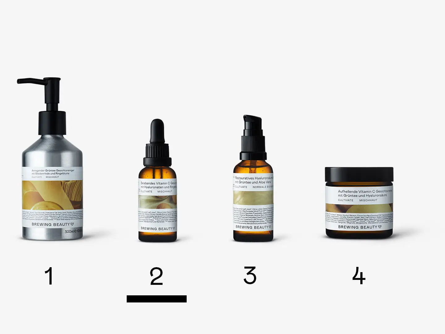 A lineup of Brewing Beauty products representing Routine No.51 