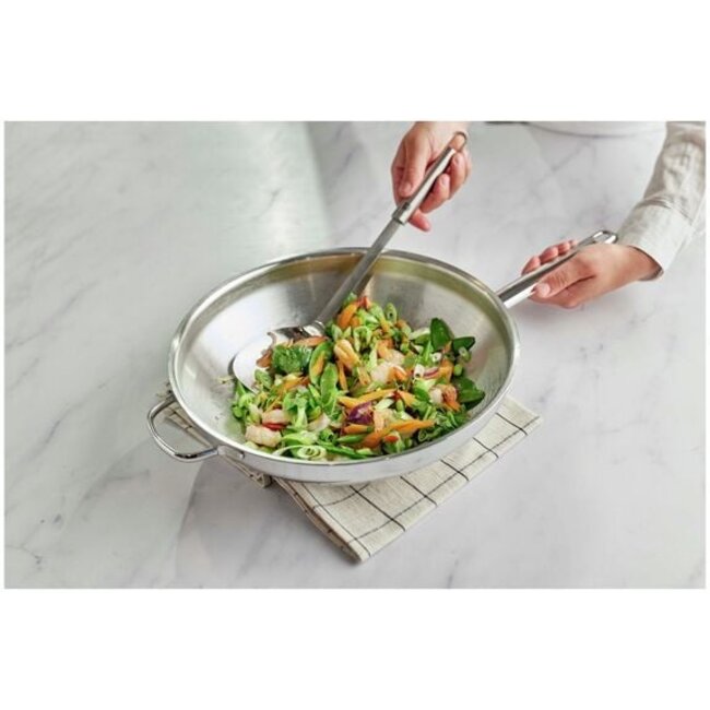 Demeyere Wok 32 cm met Gratis RVS Spatel, Professionele RVS wok met 7-lagenmateriaal en Silvinox voor perfecte warmteverdeling