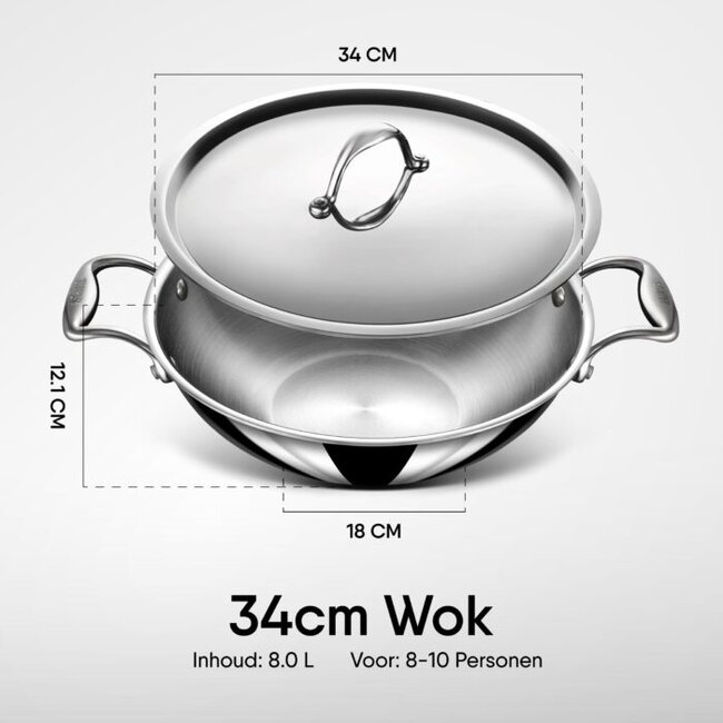 Stahl Wokpan - Triply - Met Twee Grepen - 8 liter - 34 cm + RVS Deksel