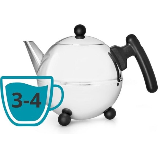 Bredemeijer Theepot Bella Rond 0.75 L Pootjes RVS/Zwart Geschikt voor 3-4 koppen thee.