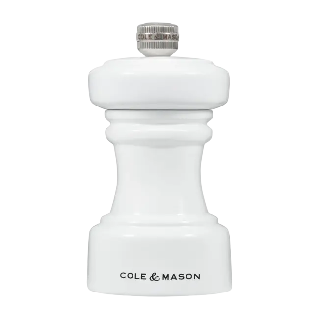 Cole & Mason Zoutmolen Hoxton 10 cm – Glanzend wit houten zoutmolen met keramisch maalwerk, compact en elegant design
