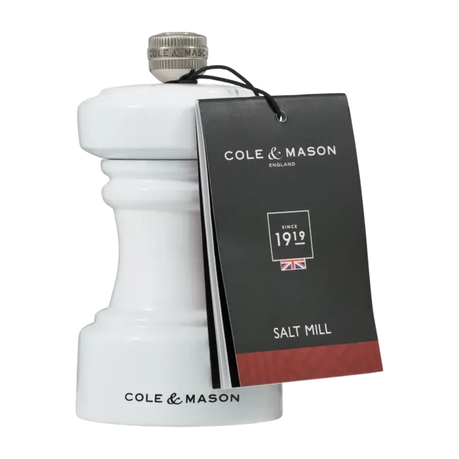 Cole & Mason Zoutmolen Hoxton 10 cm – Glanzend wit houten zoutmolen met keramisch maalwerk, compact en elegant design