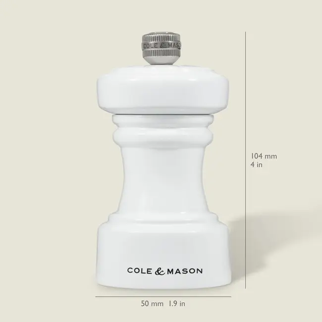 Cole & Mason Zoutmolen Hoxton 10 cm – Glanzend wit houten zoutmolen met keramisch maalwerk, compact en elegant design