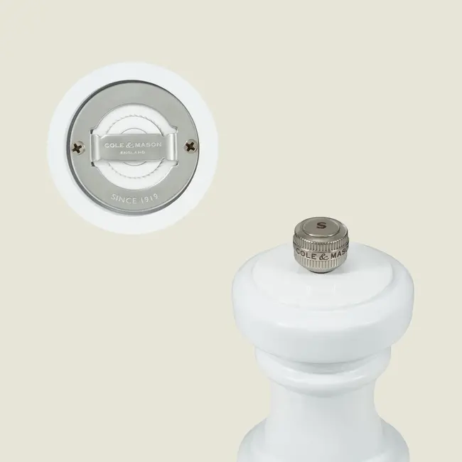 Cole & Mason Zoutmolen Hoxton 10 cm – Glanzend wit houten zoutmolen met keramisch maalwerk, compact en elegant design