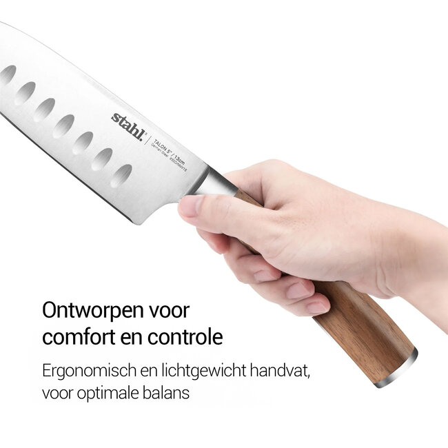 Stahl Santokumes Talon (13 cm): Compacte Precisie met Walnoothout Handvat |