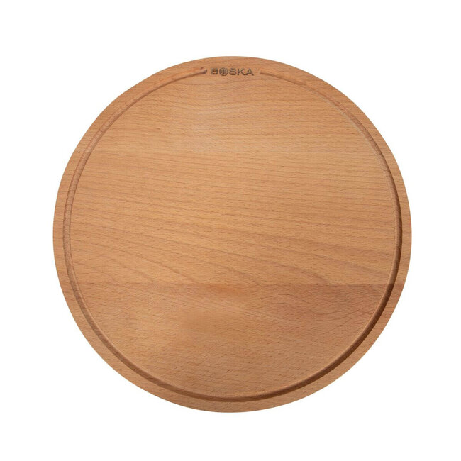 Boska Pizzaplank Amigo L – 34 cm Diameter – Geolied Beukenhout – Serveertafel voor Pizza, Tapas & Maaltijden – Met Kruimelopvang en Lederen Ophangkoord – 10 Jaar Garantie