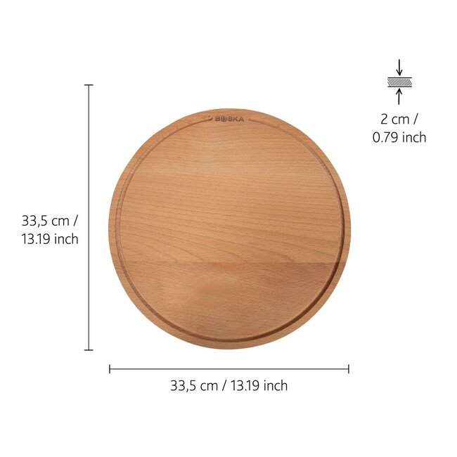 Boska Pizzaplank Amigo L – 34 cm Diameter – Geolied Beukenhout – Serveertafel voor Pizza, Tapas & Maaltijden – Met Kruimelopvang en Lederen Ophangkoord – 10 Jaar Garantie
