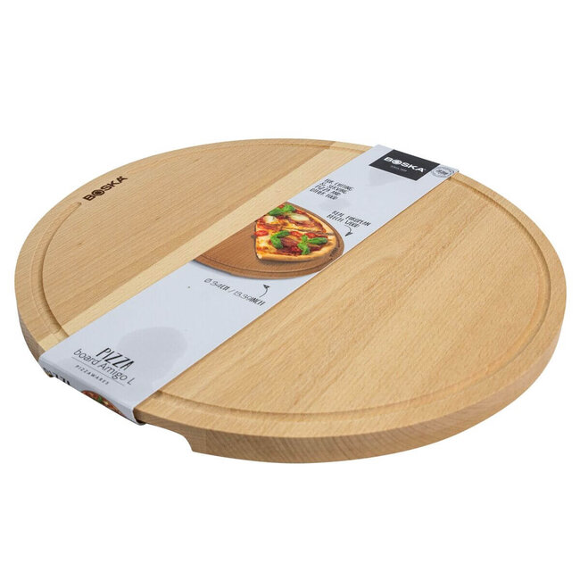 Boska Pizzaplank Amigo L – 34 cm Diameter – Geolied Beukenhout – Serveertafel voor Pizza, Tapas & Maaltijden – Met Kruimelopvang en Lederen Ophangkoord – 10 Jaar Garantie