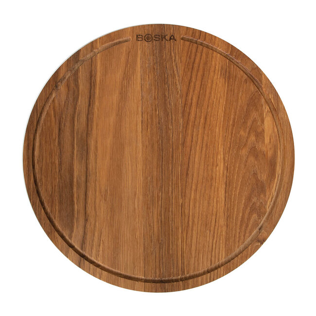 Boska Pizzaplank Friends L – 34 cm Diameter – Europees Eikenhout – Serveertafel met Kruimelopvang en Gripinkepingen – Voor Pizza, Tapas & Desserts – 10 Jaar Garantie