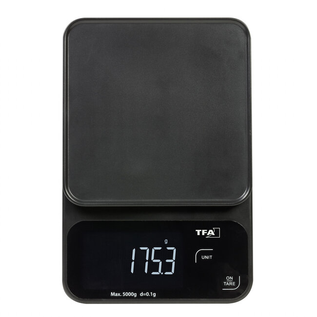 keukenweegschaal Cookie zwart – digitaal design weegschaal met LED-display - Tare-functie en 0,1 g nauwkeurigheid - Meet tot 5 kg