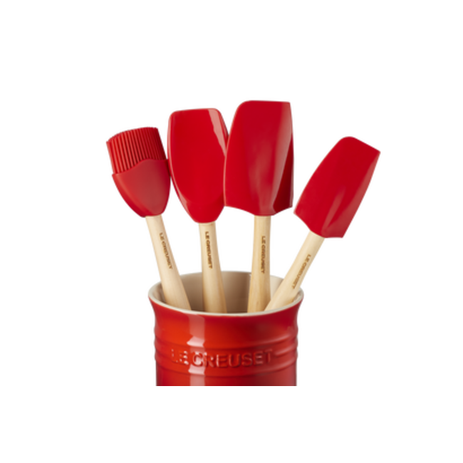 Le Creuset Spatelpot Met 4 Spatels – Hittebestendig Silicone – Iconische Franse Kwaliteit – Kleur Kersenrood