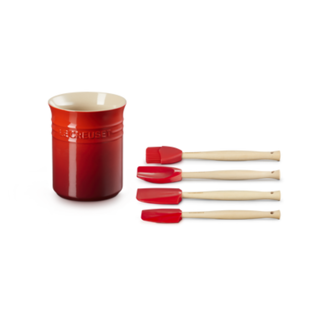 Le Creuset Spatelpot Met 4 Spatels – Hittebestendig Silicone – Iconische Franse Kwaliteit – Kleur Kersenrood