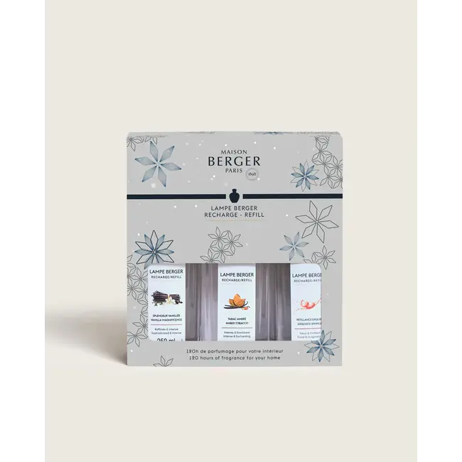 Lampe Berger Triopack Rosalie Noel 2025 - 1x 250 ml Vanilla Magnificence - 1x 250ml Amber Tobacco - 1x 250ml Exquisite Sparkle
