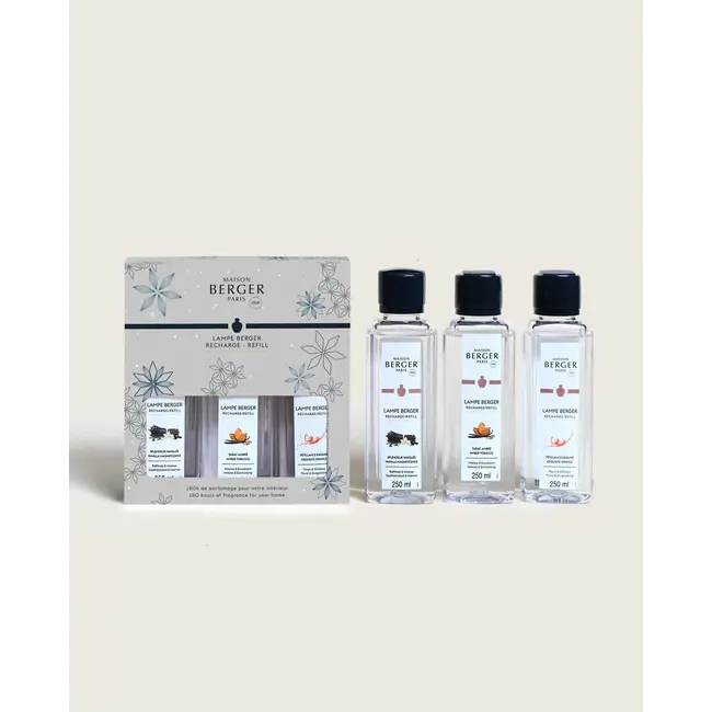 Lampe Berger Triopack Rosalie Noel 2025 - 1x 250 ml Vanilla Magnificence - 1x 250ml Amber Tobacco - 1x 250ml Exquisite Sparkle