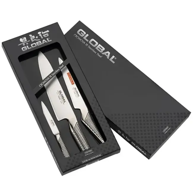 Global Messenset 3-delig G-21138 – koksmes 20 cm, officemes 9 cm en fileermes 15 cm - Japans Cromova 18-staal - ergonomisch en duurzaam