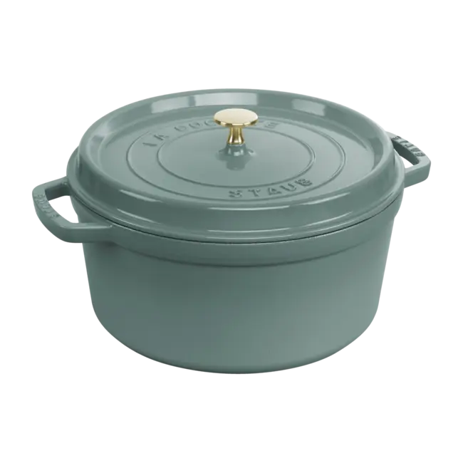 Staub Braadpan Eucalyptus 28 cm Gietijzeren Cocotte, Groene Pan met Deksel en Aroma Regenstructuur voor Malse Gerechten