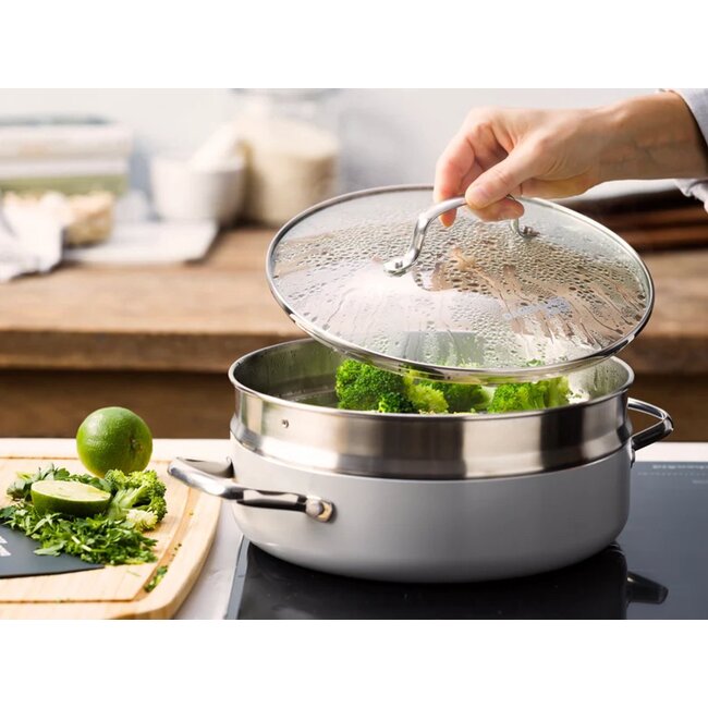 Dagelijkse Kost Hapjespan met glazen deksel + stoominzet - keramische PFAS-vrije antiaanbakpan voor koken en stomen