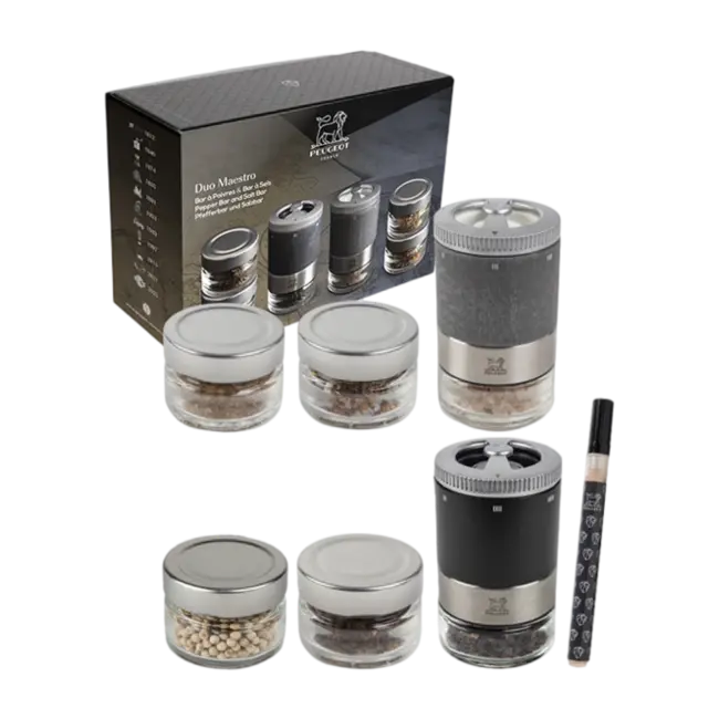 Peugeot Maestro Duo Peperbar en Zoutbar met verwisselbare flacons; premium molenset met gourmet selectie peper en zout voor maximale smaakbeleving