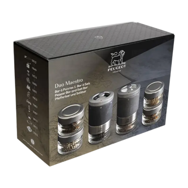 Peugeot Maestro Duo Peperbar en Zoutbar met verwisselbare flacons; premium molenset met gourmet selectie peper en zout voor maximale smaakbeleving