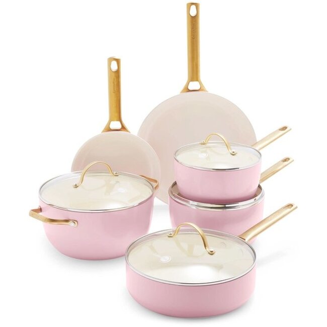 Greenpan Padova Blush Pink Pannenset 10-delig met PFAS-vrije keramische antiaanbaklaag; elegante complete set voor gezond en gelijkmatig koken
