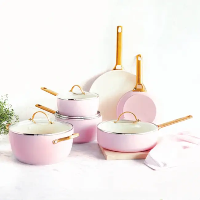 Greenpan Padova Blush Pink Pannenset 10-delig met PFAS-vrije keramische antiaanbaklaag; elegante complete set voor gezond en gelijkmatig koken