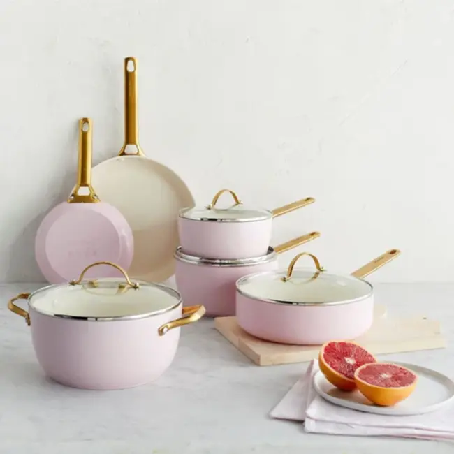 Greenpan Padova Blush Pink Pannenset 10-delig met PFAS-vrije keramische antiaanbaklaag; elegante complete set voor gezond en gelijkmatig koken