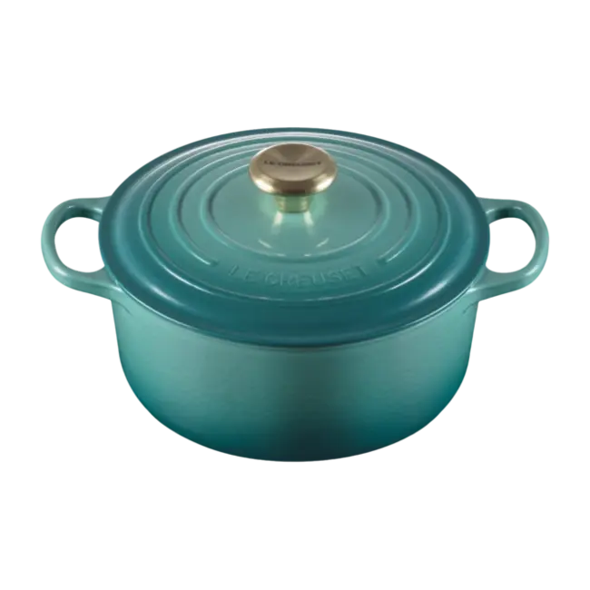 Le Creuset Braadpan Signature – Bleu Riviera - Met Gouden Knop – Ø 24 cm - 4.2 liter – Geëmailleerd Gietijzer