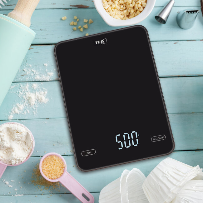 TFA Dostmann Pancake – Digitale Keukenweegschaal – Ultra-slank – Zwart Glas - Oplaadbaar